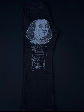 Men's Black Straight Jeans with Benjamin Franklin Graphic